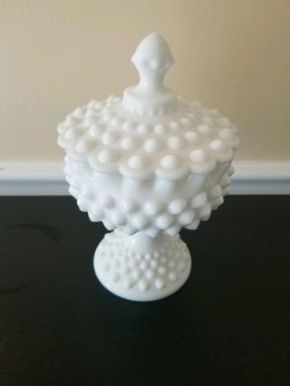 Milk Glass Hobnail Pedestal Candy Dish with Lid 5