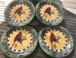 Set Of 4 Lenox Winter Greetings Everyday Christmas Salad Plates; Birds Cardinal