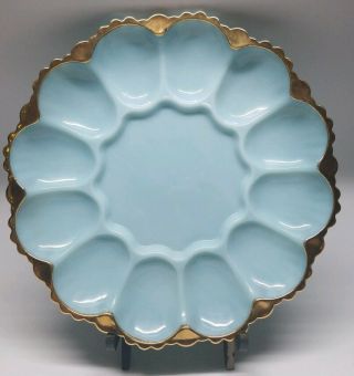 Vintage Robin Egg Blue Opaque Milk Glass Deviled Egg Plate Gilded Edges 10 "