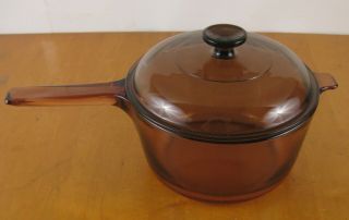 Vision Corning Ware Amber 2.  5l Sauce Pan With Pyrex Lid Usa Pot Tab Handle Vtg