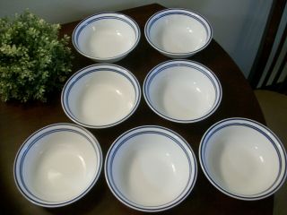 Corelle Cafe Classic Blue Set Of 7 Soup Cereal Dessert Bowls 6 1/8 " 3 Blue Bands