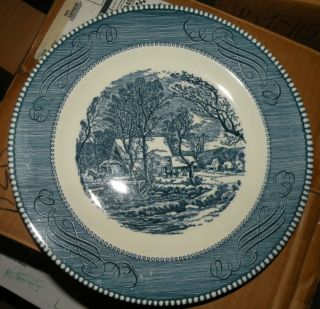 7 Luncheon Plates 9 " Blue Currier And Ives Dinnerware The Old Grist Mill Marked