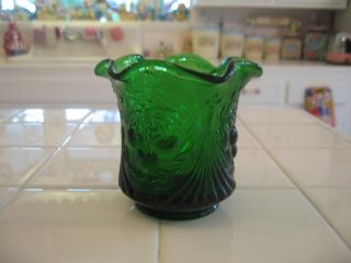 Vintage Lg Wright Cherry Pattern Green Glass Ruffled Sugar Or Vase