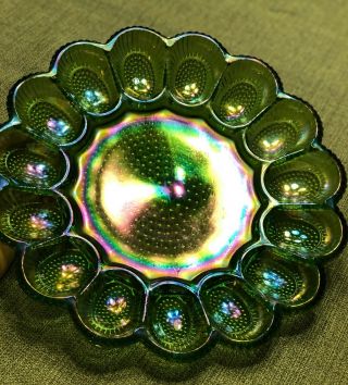 Indiana Carnival Glass Iridescent Green Deviled Egg Platter Dish Plate Hobnail.