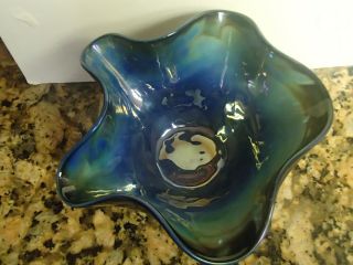 Signed Studio Hand Blown Art Glass Blue Textured Form Handkerchief Bowl