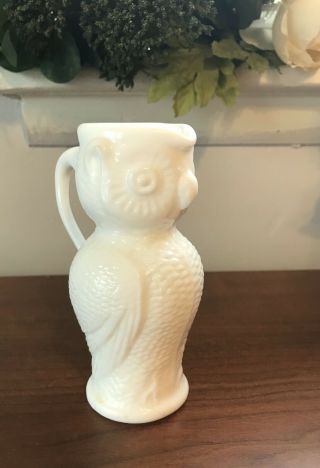 Vintage Mid Century Kanawha Owl Pitcher/vase White Glass Milk Glass 8 " Euc