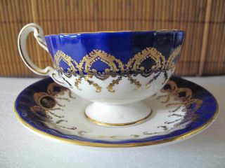 Aynsley Cobalt Blue Tea Cup & Saucer Butterfly Flowers Gold Trimming England