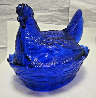 Vintage Cobalt Blue Hen On A 4 3/4 X 5 3/4 " Oval Nest