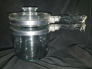 Vintage 1 1/2 Qt 3 Piece Pyrex 6283 Flameware Glass Double Boiler Pot W/ Lid