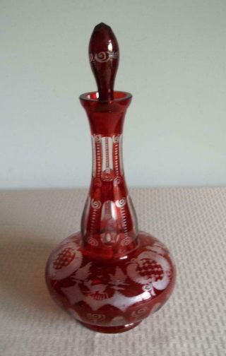 Antique Bohemian Ruby Glass Cut To Clear Decanter With Deer And Castle