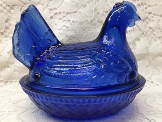 Blue Vaseline Glass Hen / Chicken On Nest Basket Candy Dish Uranium Farm Cobalt