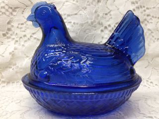 Blue Vaseline glass hen / chicken on nest basket candy dish Uranium farm cobalt 3
