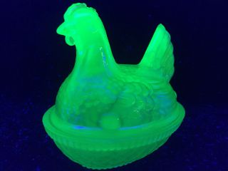 Blue Vaseline glass hen / chicken on nest basket candy dish Uranium farm cobalt 8