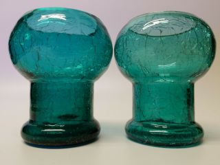 Set Of Two (2) Aquamarine/blue/green Crackle Glass Candle Holders Bogo