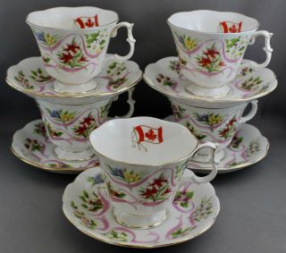 Set Of 5 Royal Albert Teacups & Saucers - Canada - Our Emblems Dear 28