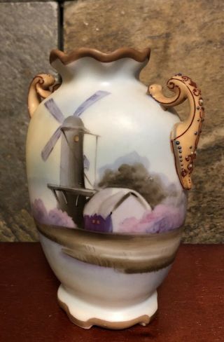 Vintage Nippon (old Noritake) Hand - Painted Moriage Two - Handled 5” Vase Windmill