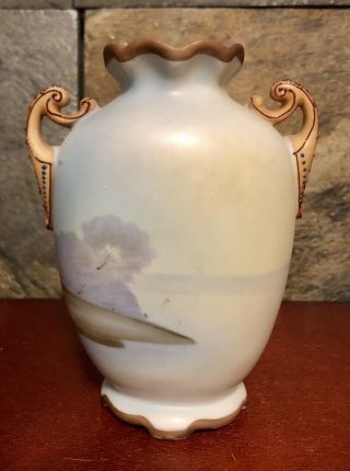 Vintage Nippon (Old Noritake) Hand - Painted Moriage Two - Handled 5” Vase Windmill 2