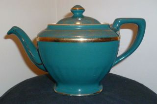 Hall China Hollywood Teapot - 6 Cup - Vintage - 0120 - Forest Green - Gold Trim