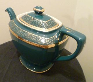 Hall China Hollywood Teapot - 6 Cup - Vintage - 0120 - Forest Green - Gold Trim 2