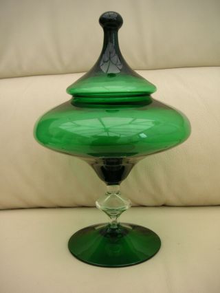 Vintage Italian Empoli Green Glass Apothecary Bon Bon Jar Gorgeous Shape
