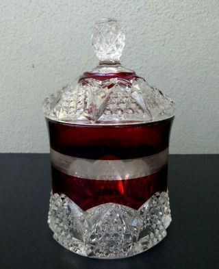 Duncan & Miller - Button Arches - Antique Eapg Ruby Stained Covered Sugar Bowl