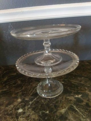 Pair Clear Glass Vintage Pedestal Cake Stands 9 " Diameter