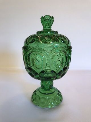 Vintage Moon And Stars Le Smith Emerald Green Tall 8” Footed Compote With Lid