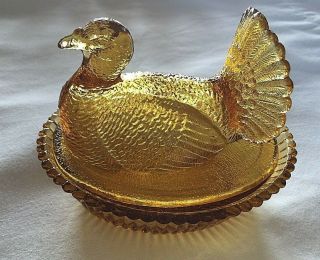 Degenhart Art Glass - Amber - 5 " Turkey On Nest Dish