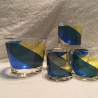 Vintage Colony Glass Ice Bucket & Tumblers Retro Blue Green Yellow Mid Century