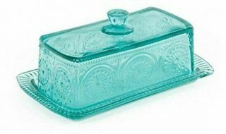 Pioneer Woman Adeline Glass Butter Dish - Teal.  (fast)