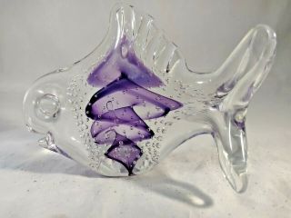 Art Glass Hand Blown Glass Purple Fish Murano Style Decor Paperweight 7 " X 5 "