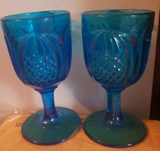 2 6 " Fenton Colonial Blue Pressed Glass Pineapple Water Goblet Wine Vintage