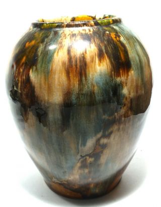 Vintage Deco 1930s Brush Mccoy Gold Green Oil Drip Onyx Vase Jar - 1
