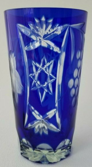 Vintage Bohemian Cobalt Blue Cut To Clear Glass Vase 6 " Grape Vine