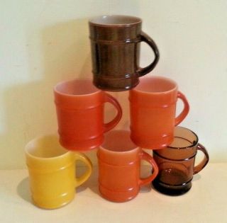 6 Old Anchor Hocking Fire - King Barrel Glass Coffee Cup Mugs Brown Yellow Amber