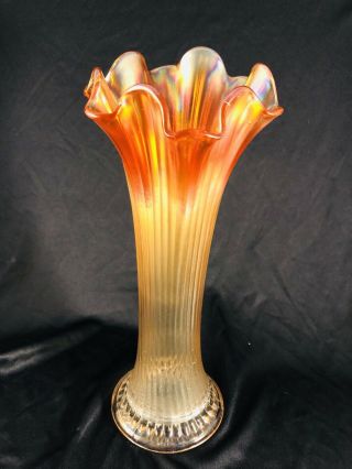 Vintage Ribbed Carnival Glass Vase Marigold 10 3/4 "