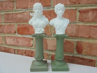 Pr Antique German Green White Jasperware Male Female Busts On Pedestals