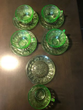 Set Of 5 Vintage Jeannette Glass Co Sunflower Pattern Cups And Saucers - Green