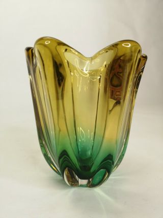 Vintage Retro Amber &green Heavy Thick Art Glass Vase (a10)