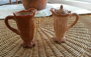 2 Antique Greentown Chocolate Caramel Slag Glass 5 " Cactus Creamer/pitcher W/lid