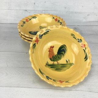 Home Rooster Yellow Floral Large Stoneware Hand Painted Coupe Soup 9 " Bowl Set 4