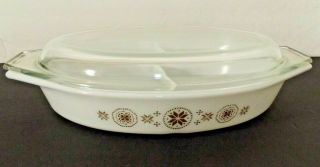 Pyrex Town & Country 1 1/2 Quart Divided Casserole Dish Lid White Brown Ec