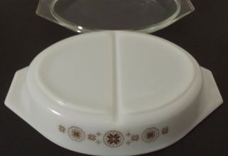 Pyrex Town & Country 1 1/2 quart Divided Casserole Dish Lid White Brown EC 5