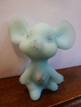 Fenton Blue Satin Art Glass Mouse Figurine Hand Painted Signed D.  Hull