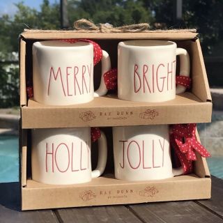 Rae Dunn Set Of 4 Merry Bright & Holly Jolly Mini Mug Christmas Ornaments Decor