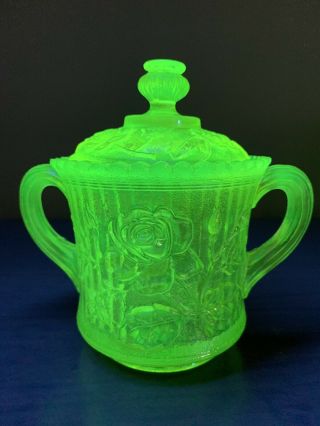 Vintage Vaseline Glass Opalescent Sugar Dish Uranium Glass Rose & Stem