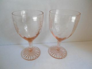 2 Art Deco Pink Depression Glass Wine Glasses With Grape Design 6 Inches Tall 19