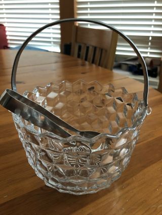 Early Fostoria American Glass Ice Bucket With Tongs & Handle - Rare