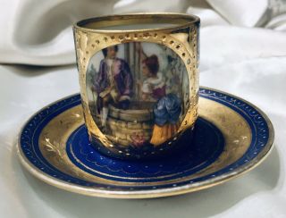 Antique Royal Vienna - Hand Painted - Porcelain Portrait - Demitasse Cup/saucer Couple