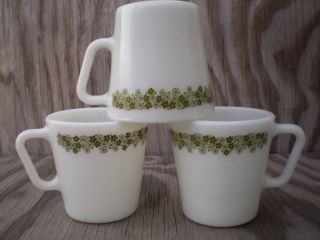 Pyrex Corelle Spring Blossom Green Flowers Milk Glass Cups Mugs 3 Count